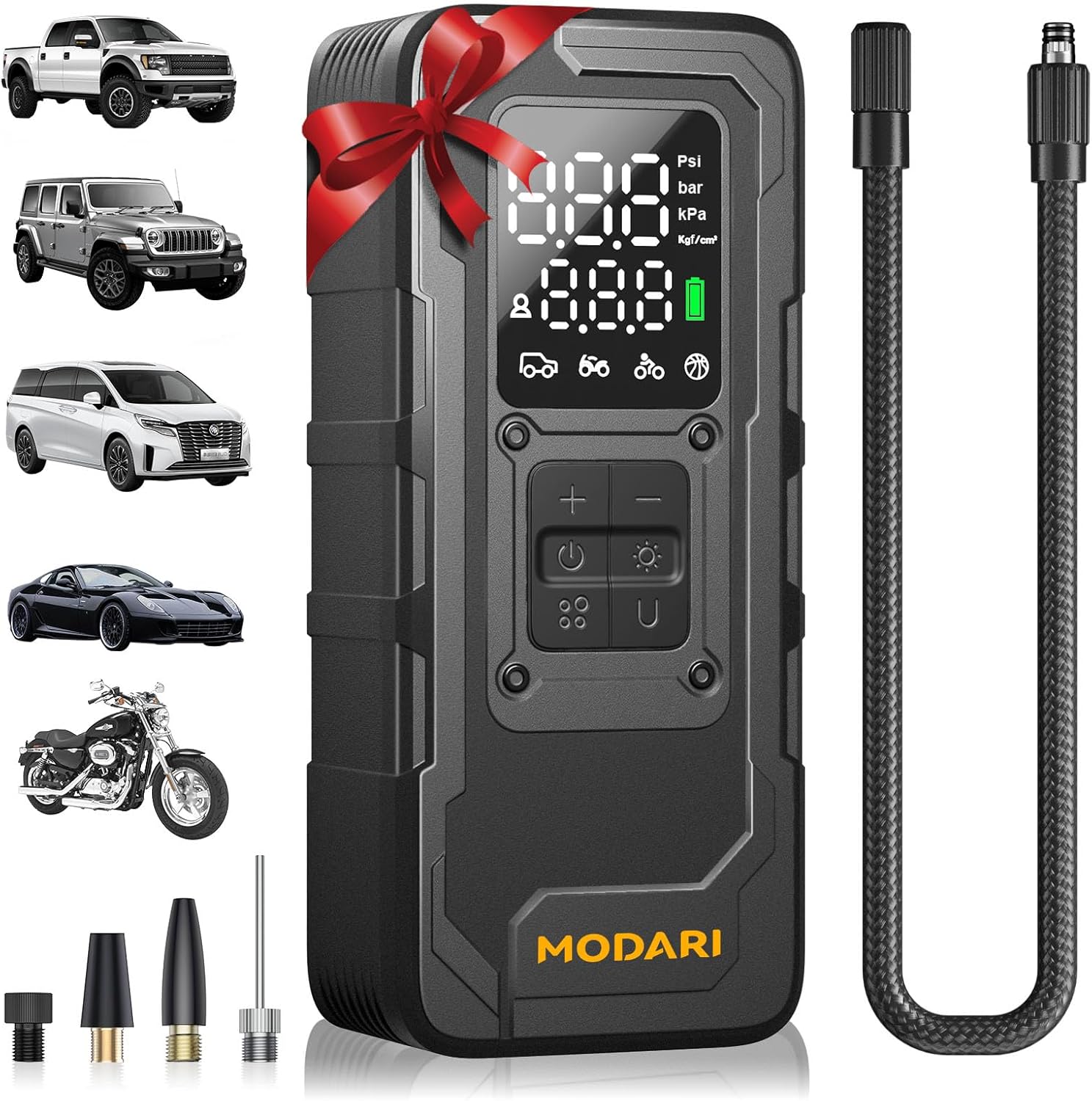 MODARI Tire Inflator Portable Air Compressor with 160 PSI - Black wireless air pump with red bow, featuring icons of cars, trucks, motorcycles, and bikes, showcasing versatile use for vehicle tires and more from MODARI.