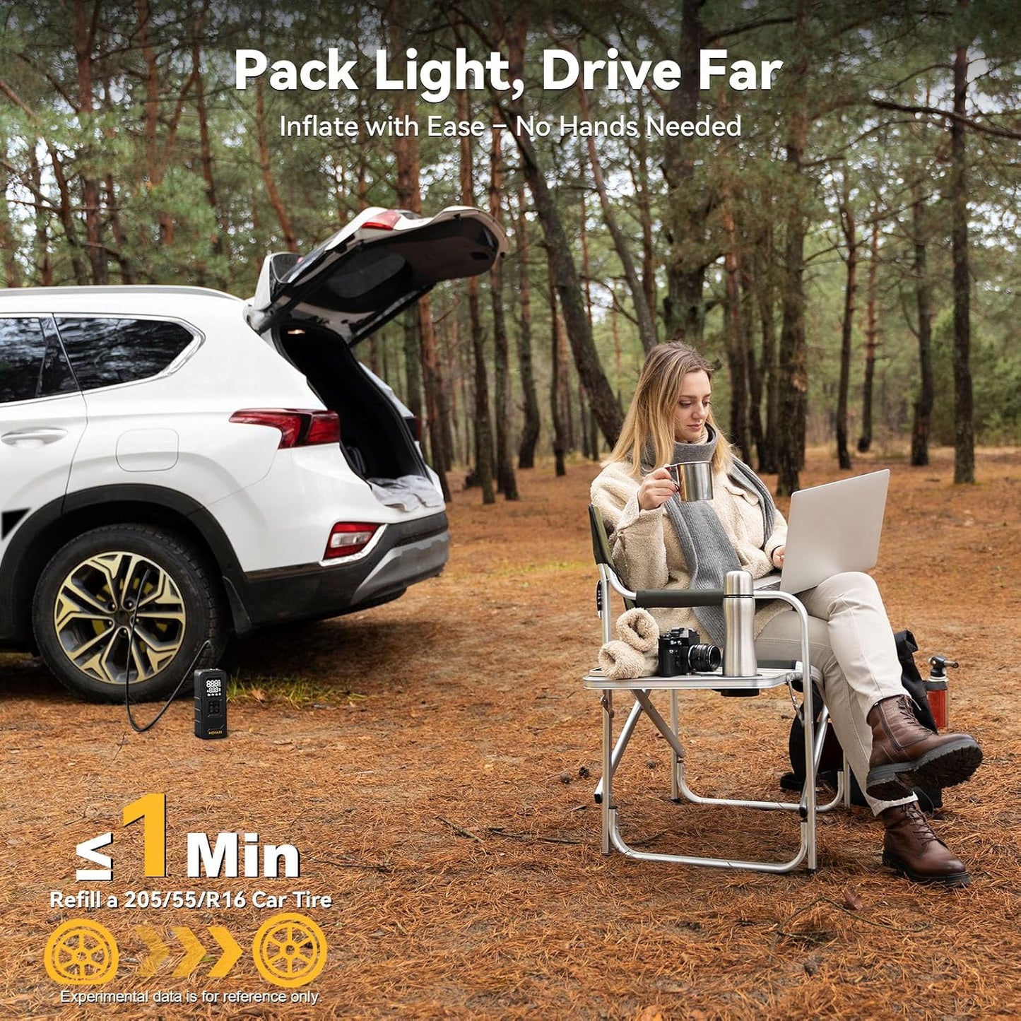 MODARI Tire Inflator Portable Air Compressor in use - Woman inflating a car tire outdoors, highlighting the wireless, portable design and LED light feature, perfect for on-the-go use from MODARI.