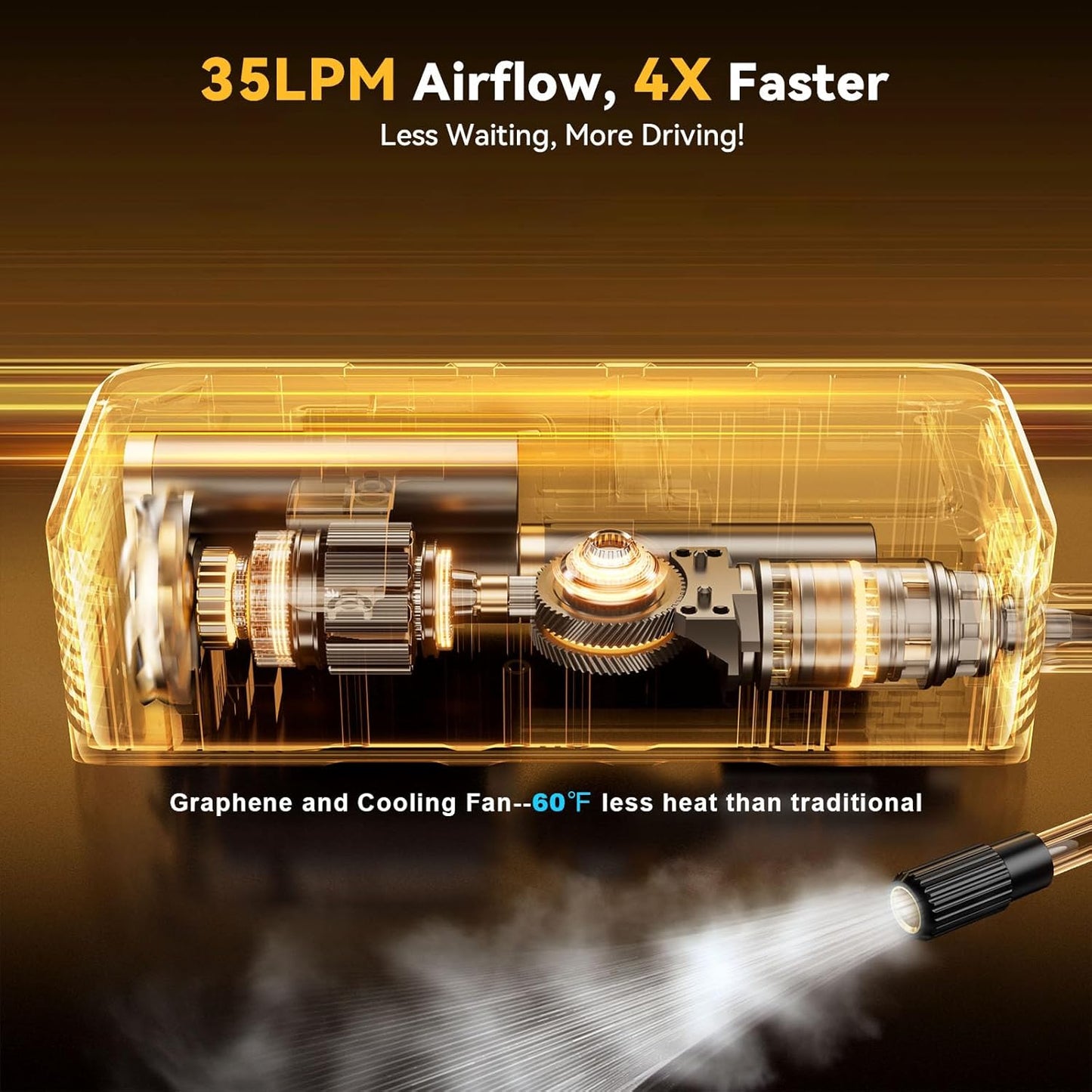 MODARI Tire Inflator Portable Air Compressor internal view - Cutaway showing 35LPM airflow, graphene technology, and cooling fan for 4X faster inflation and 60°F less heat, a premium feature from MODARI.