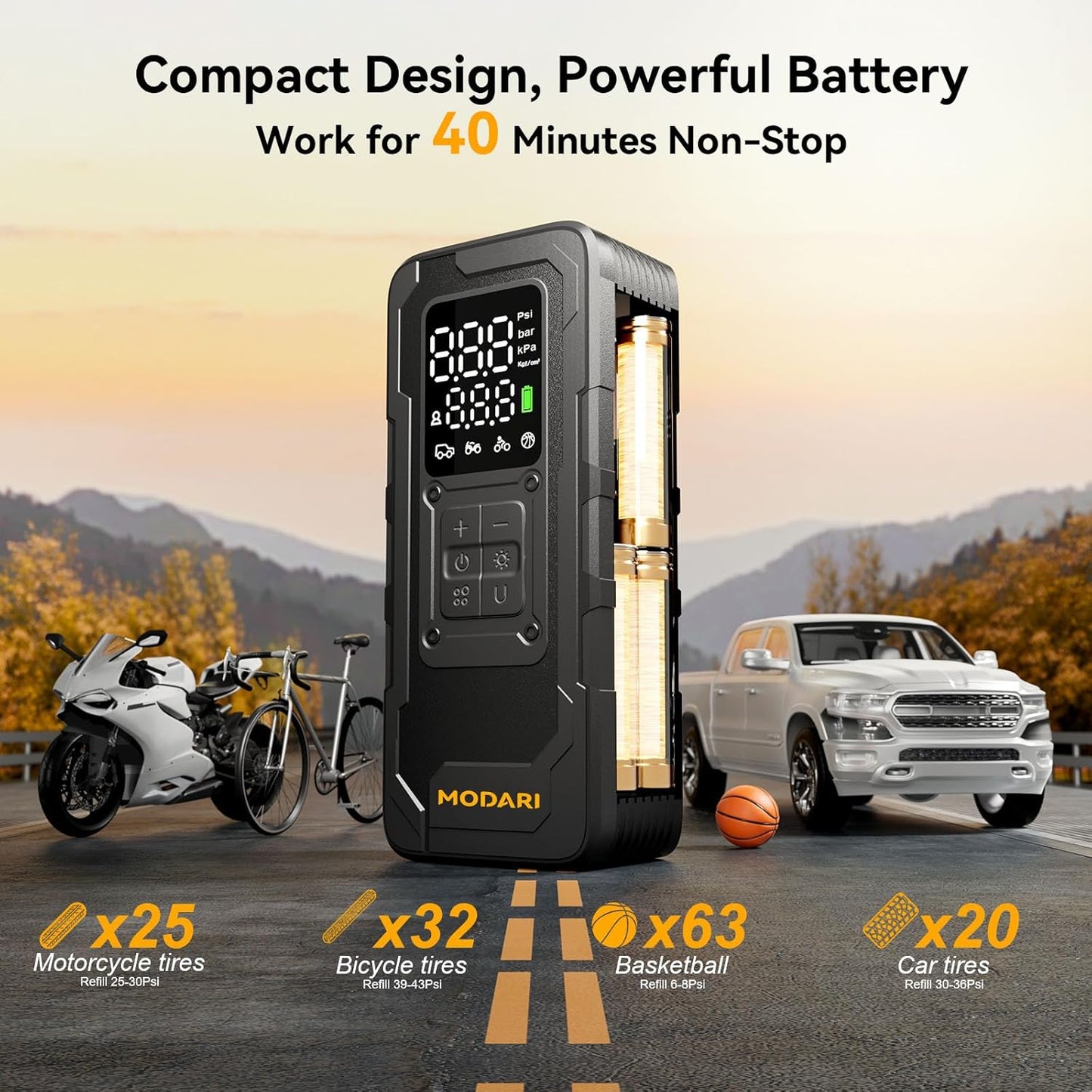 MODARI Tire Inflator Portable Air Compressor on the road - Black wireless air pump with icons of motorcycles, bikes, cars, and basketballs, emphasizing 40-minute non-stop battery life for versatile use from MODARI.