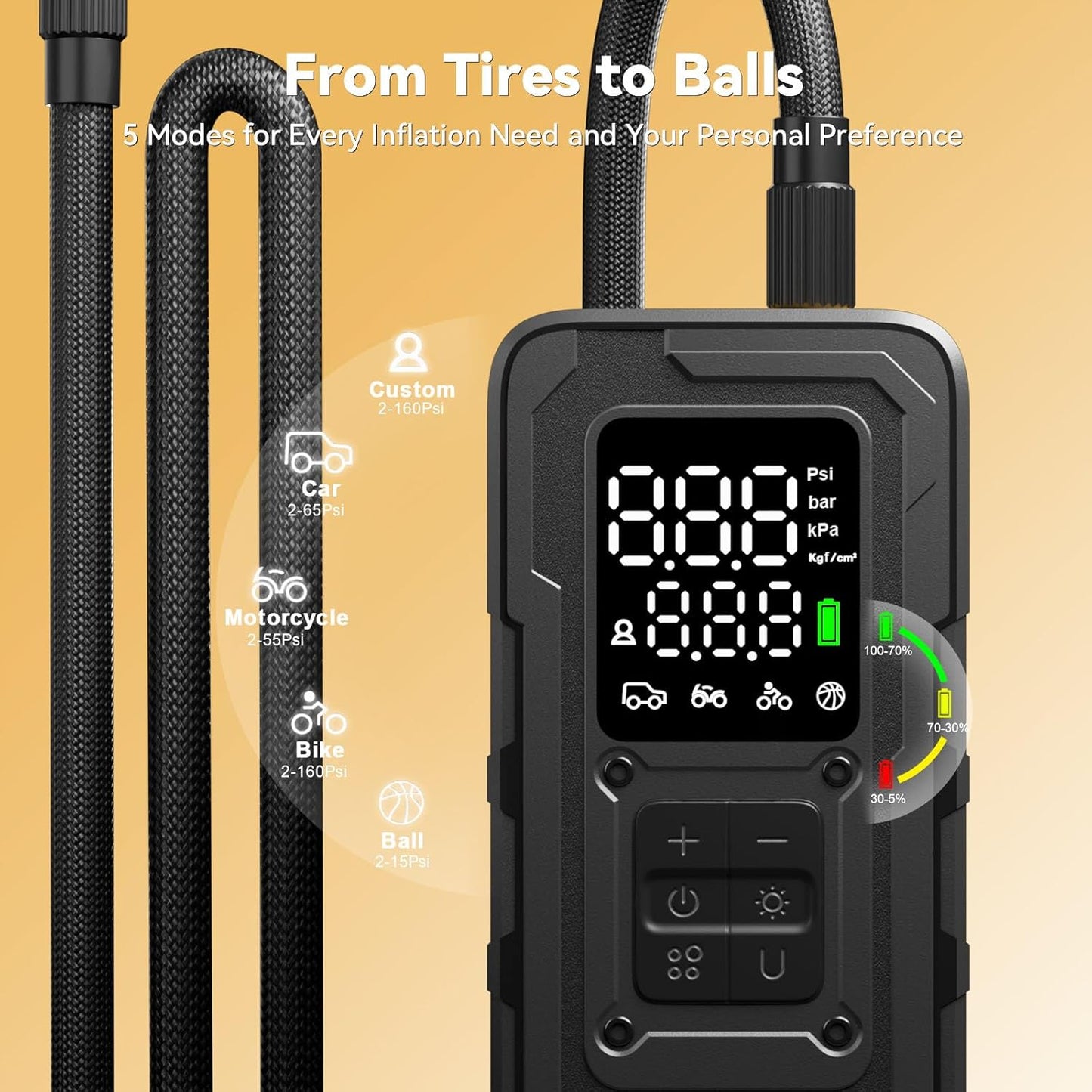 MODARI Tire Inflator Portable Air Compressor digital display - Close-up of 160 PSI air pump’s LCD screen, 5 inflation modes for tires and balls, and flexible hose, showcasing versatility from MODARI.