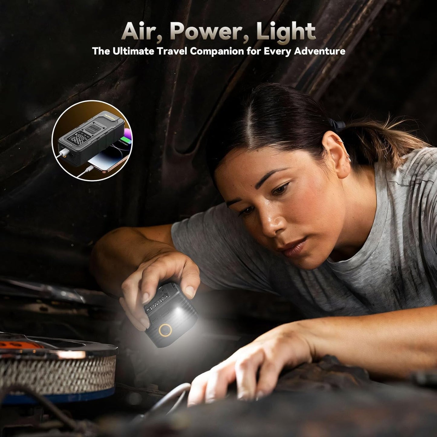 MODARI Tire Inflator Portable Air Compressor in action - Woman using the wireless air pump under a car hood, featuring air, power, and LED light functions, ideal for adventures from MODARI.