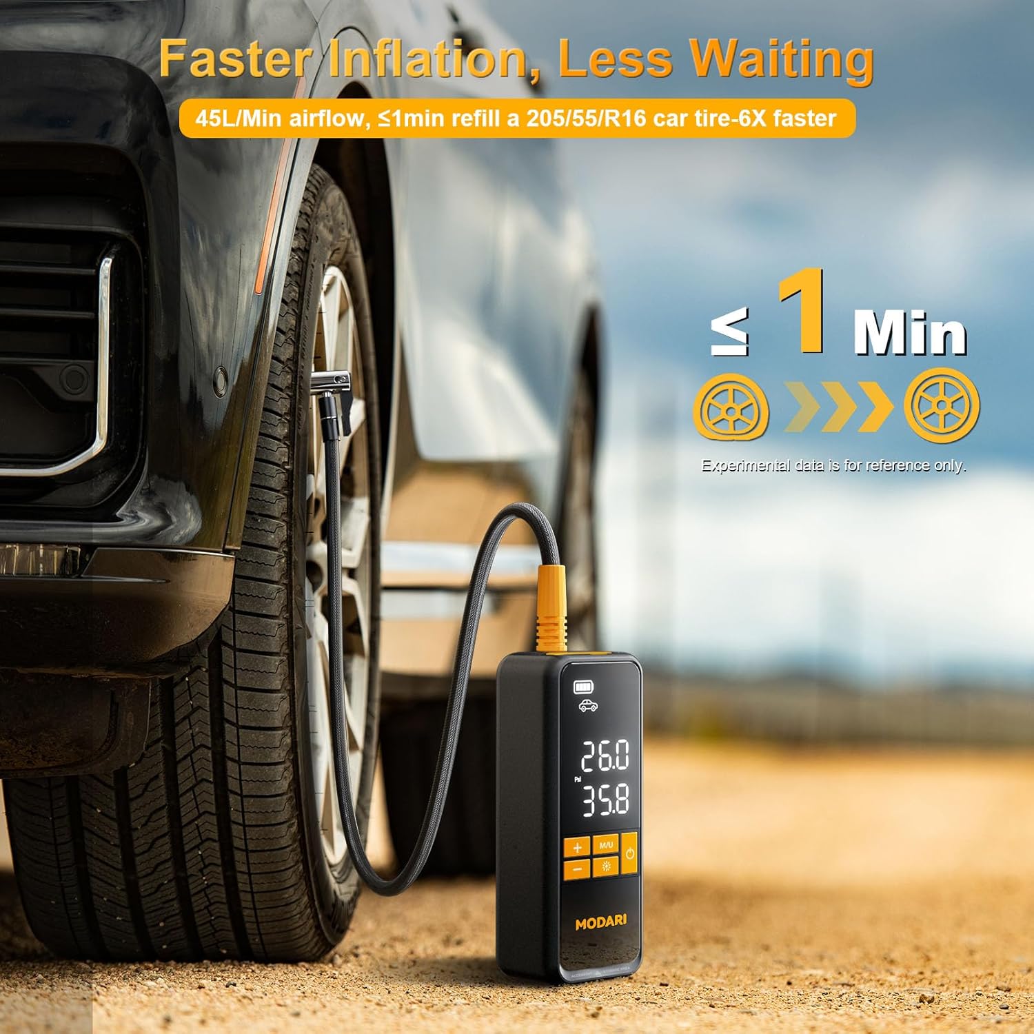 MODARI Tire Inflator in Action - Fast Inflation for Car Tires in Under 1 Minute.
This image demonstrates the MODARI tire inflator being used to inflate a car tire. The text highlights the fast inflation speed (45L/Min airflow), making it ideal for quick tire refills. The scene is set outdoors, showcasing the product’s practicality for on-the-go use.