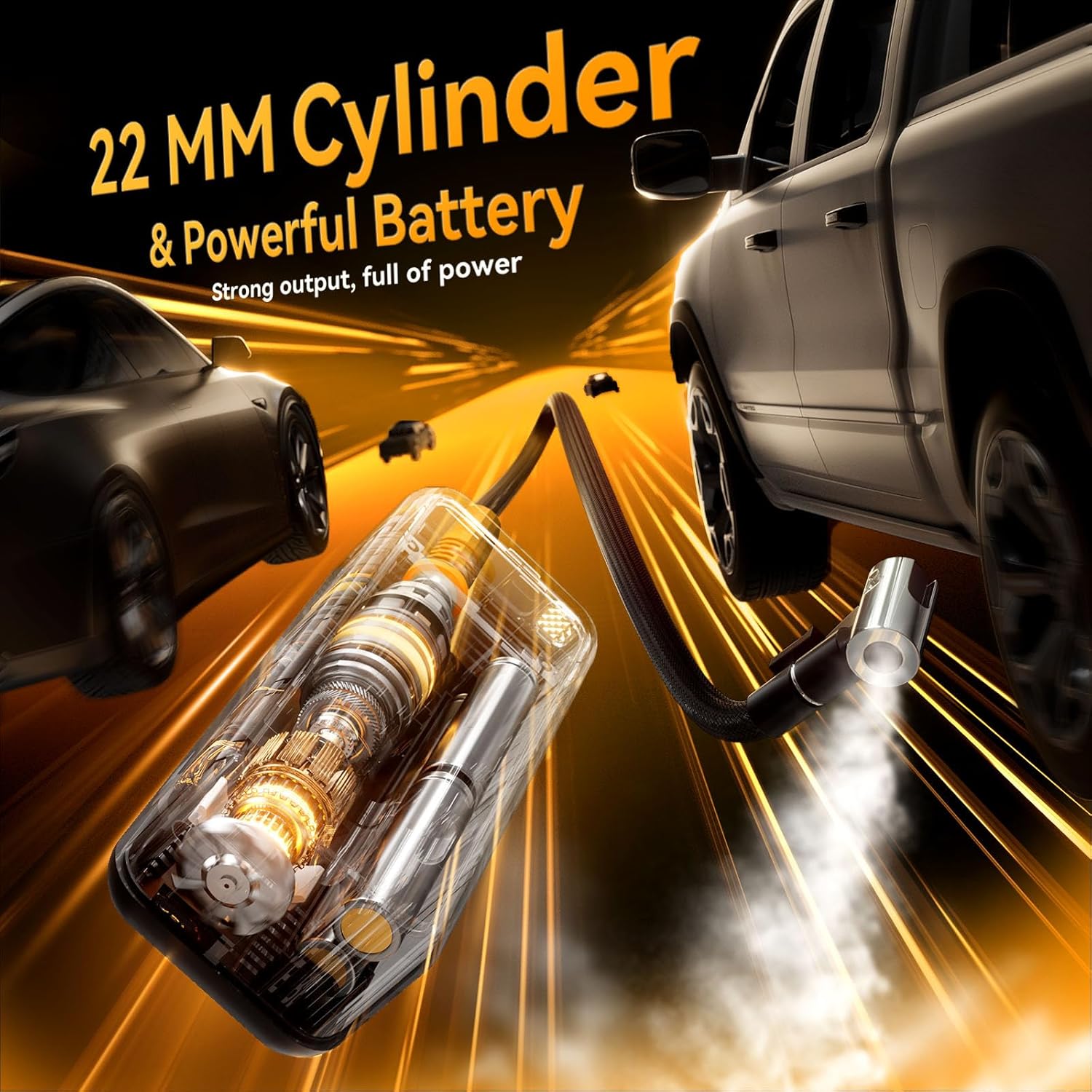 MODARI Tire Inflator with 22mm Cylinder and Powerful Battery - Ideal for High-Performance Usage.
This image focuses on the powerful battery and 22mm cylinder of the MODARI tire inflator. The dynamic background with cars emphasizes the product’s strength and suitability for high-performance tasks, such as inflating tires quickly and efficiently.