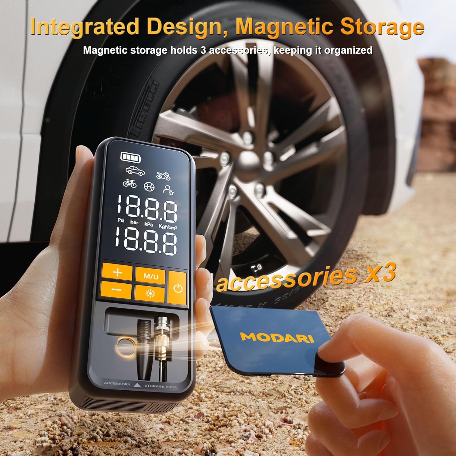 MODARI Tire Inflator with Integrated Magnetic Storage - Organized and Ready for Use.
This image shows the MODARI tire inflator with its magnetic storage feature, which securely holds three essential accessories. The design ensures organization and ease of use, making it perfect for travelers, mechanics, or anyone needing reliable tire inflation tools.