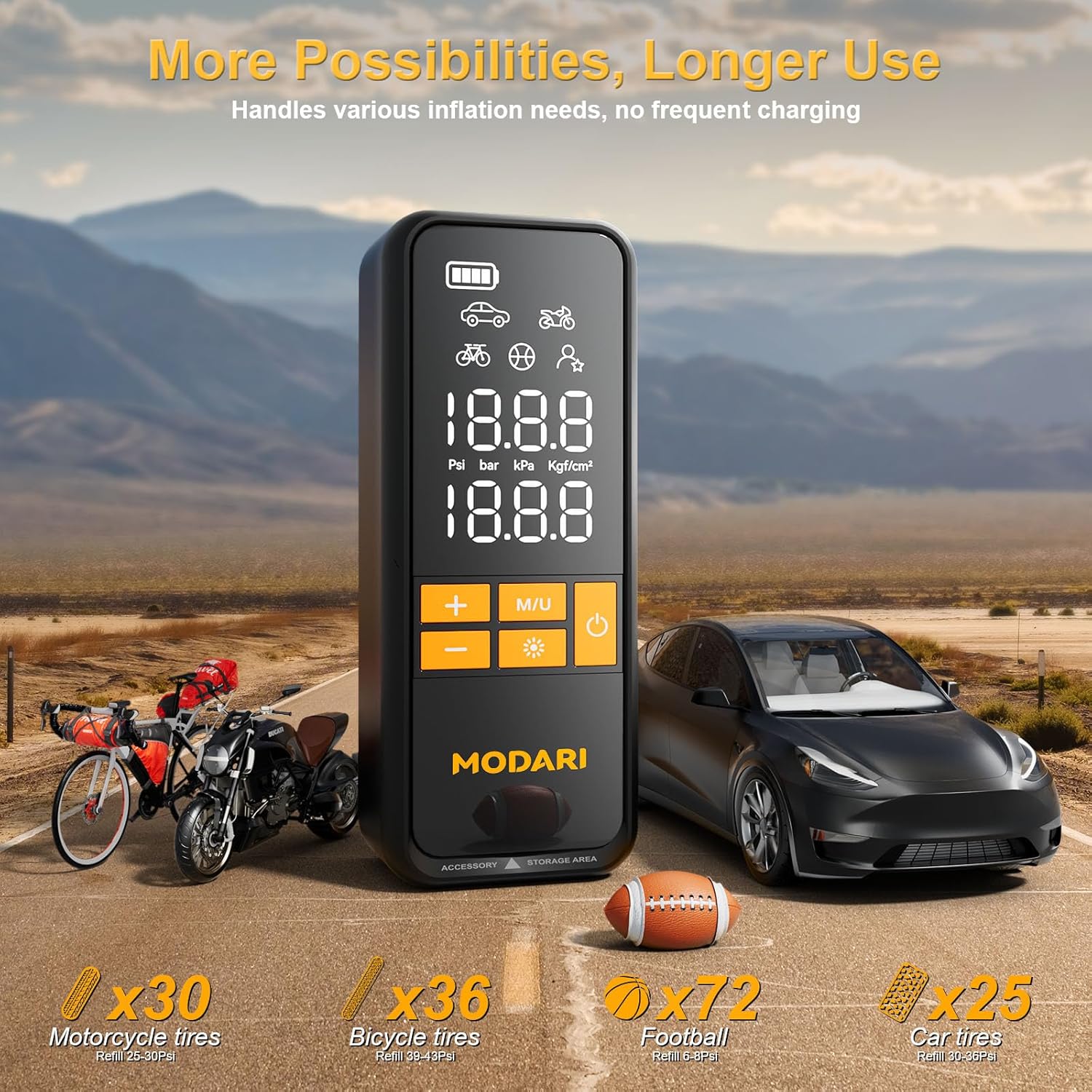 MODARI Portable Tire Inflator - Versatile Use for Motorcycle Tires, Bicycle Tires, Footballs, and Car Tires.
This image showcases the MODARI portable tire inflator in a scenic outdoor setting, highlighting its versatility. The digital display shows pressure readings, and icons on the screen indicate compatibility with various types of tires and sports equipment. The background includes a motorcycle, car, and football, emphasizing the product’s wide range of applications.