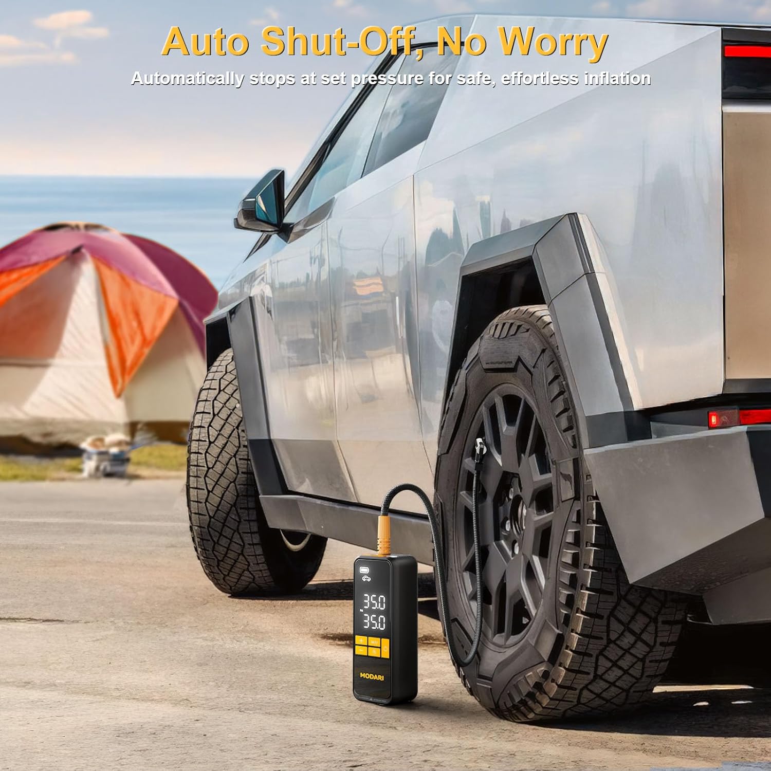 MODARI Tire Inflator with Auto Shut-Off Feature - Safely Inflate Car Tires Without Overinflation.
This image demonstrates the MODARI tire inflator being used to inflate a car tire. The text emphasizes the auto shut-off feature, which ensures safe inflation by stopping automatically at the set pressure. The scene is set outdoors near a tent, suggesting the product’s suitability for camping and travel.