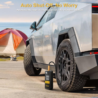 MODARI Tire Inflator with Auto Shut-Off Feature - Safely Inflate Car Tires Without Overinflation.
This image demonstrates the MODARI tire inflator being used to inflate a car tire. The text emphasizes the auto shut-off feature, which ensures safe inflation by stopping automatically at the set pressure. The scene is set outdoors near a tent, suggesting the product’s suitability for camping and travel.