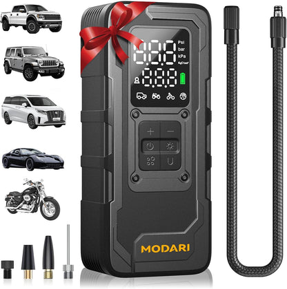 MODARI Tire Inflator Portable Air Compressor with 160 PSI - Black wireless air pump with red bow, featuring icons of cars, trucks, motorcycles, and bikes, showcasing versatile use for vehicle tires and more from MODARI.