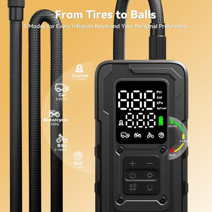 MODARI Tire Inflator Portable Air Compressor digital display - Close-up of 160 PSI air pump’s LCD screen, 5 inflation modes for tires and balls, and flexible hose, showcasing versatility from MODARI.