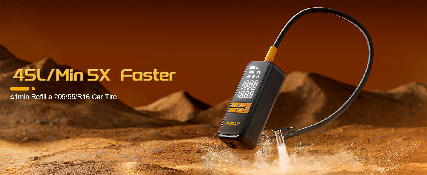 MODARI Portable Tire Inflator - High-Speed Inflation at 45L/Min, Refills a 205/55/R16 Car Tire in Under 1 Minute. Ideal for Drivers and Outdoor Enthusiasts Who Need Quick and Reliable Tire Inflation.