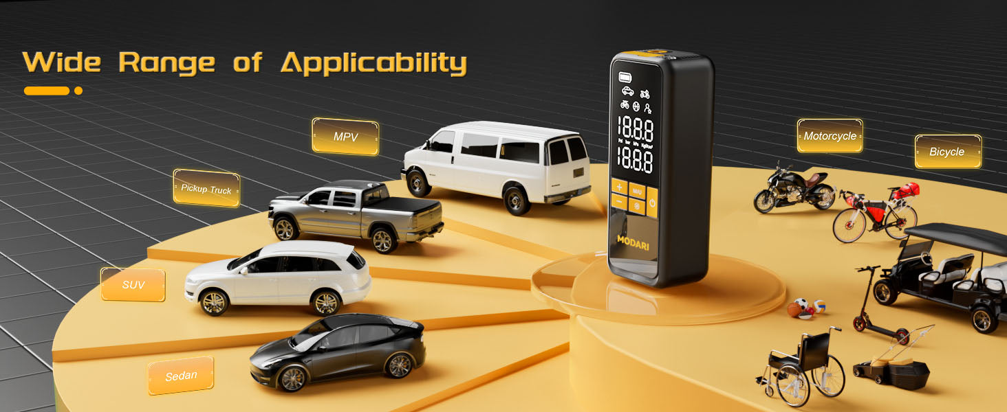 MODARI Tire Inflator - Versatile Device with Wide Range of Applicability for Cars (MPV, Pickup Truck, SUV, Sedan), Motorcycles, Bicycles, and More. Perfect for Maintaining Tire Pressure Across Various Vehicles and Equipment.
