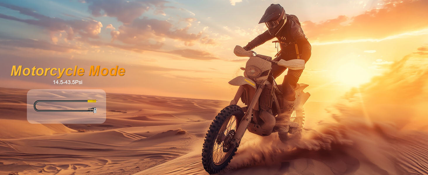 MODARI Portable Tire Inflator in Motorcycle Mode - Precise Pressure Control from 14.5 to 43.5 PSI, Ideal for Off-Road Riders and Adventure Seekers Who Need Reliable Tire Inflation in Challenging Environments.