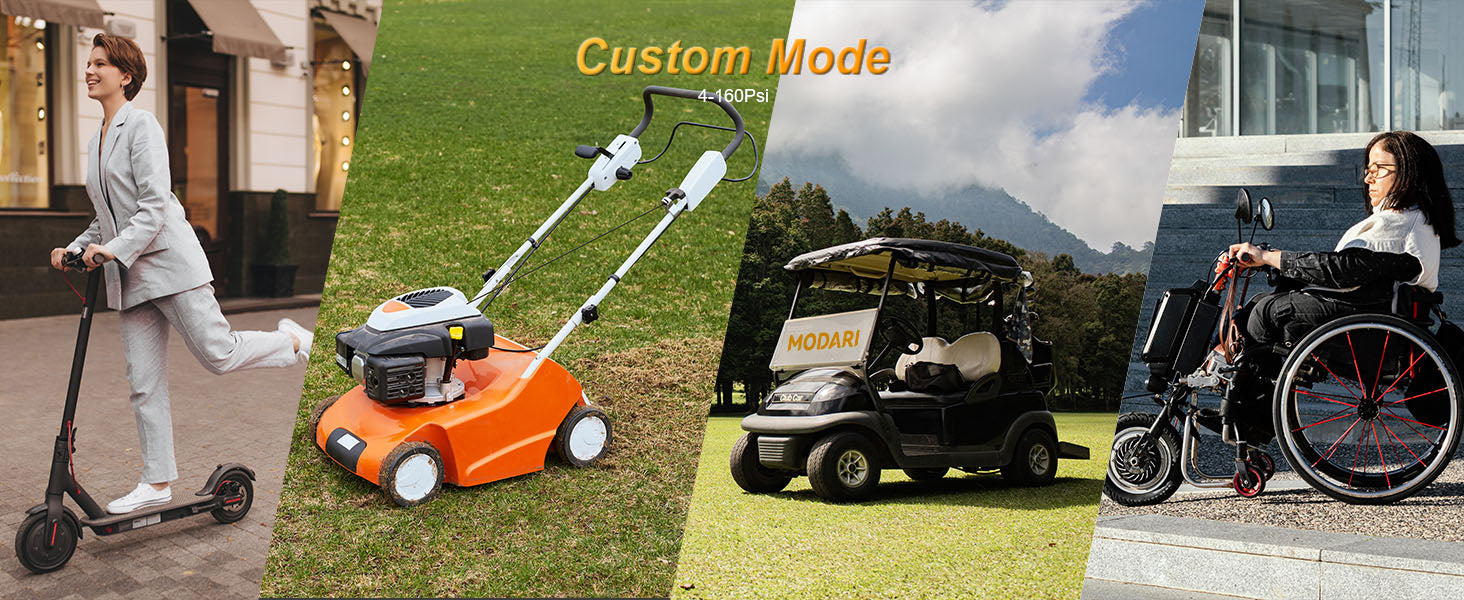 MODARI Tire Inflator in Custom Mode - Versatile Pressure Range from 4 to 160 PSI, Suitable for a Wide Variety of Applications Including Electric Scooters, Lawn Mowers, Golf Carts, and Mobility Devices. Ideal for Users Who Need Tailored Inflation Solutions for Different Equipment.