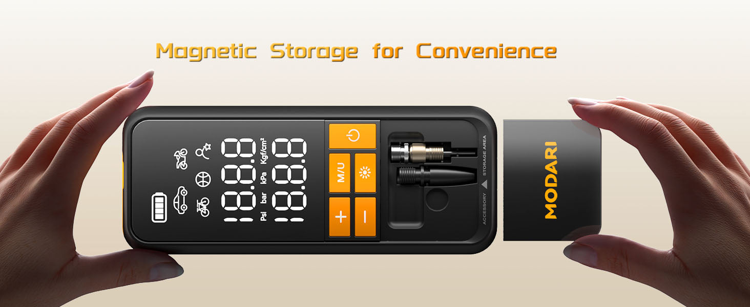 MODARI Tire Inflator with Magnetic Storage - Convenient Design Holds Essential Accessories Securely, Ensuring Easy Organization and Quick Access During Use. Perfect for Travelers, Mechanics, and Outdoor Adventurers Who Value Portability and Efficiency.