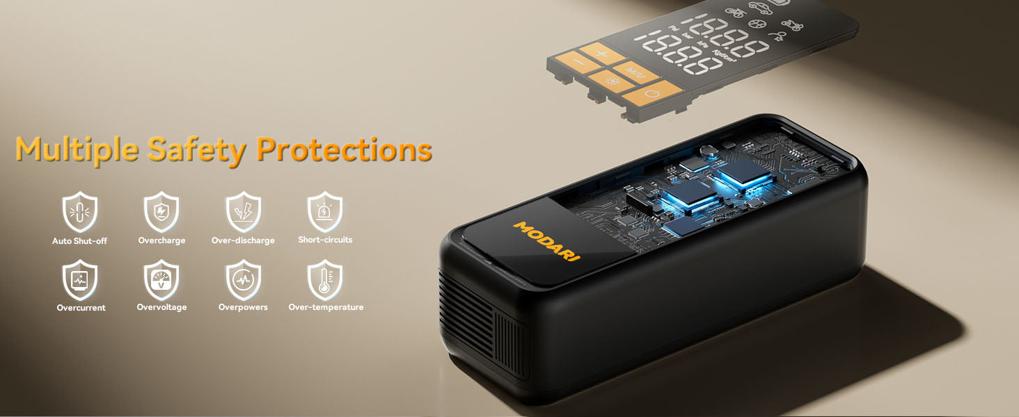 MODARI Portable Tire Inflator - Multiple Safety Protections Including Auto Shut-off, Overcharge, Over-discharge, Short-circuits, Overcurrent, Overvoltage, Overpowers, and Over-temperature. Designed for Reliable and Safe Use in Various Environments.