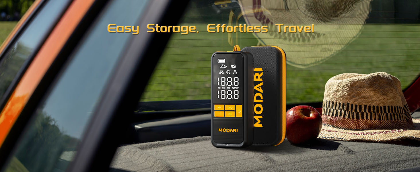 MODARI Tire Inflator Product Overview - Features Include Mode Display, Unit Display, Mode Selection/Unit Display, Power Button Start/Stop, LED Light, Power Display, Actual Pressure, Preset Pressure, Preset +, and Preset -. Ideal for Precise and Efficient Tire Inflation.