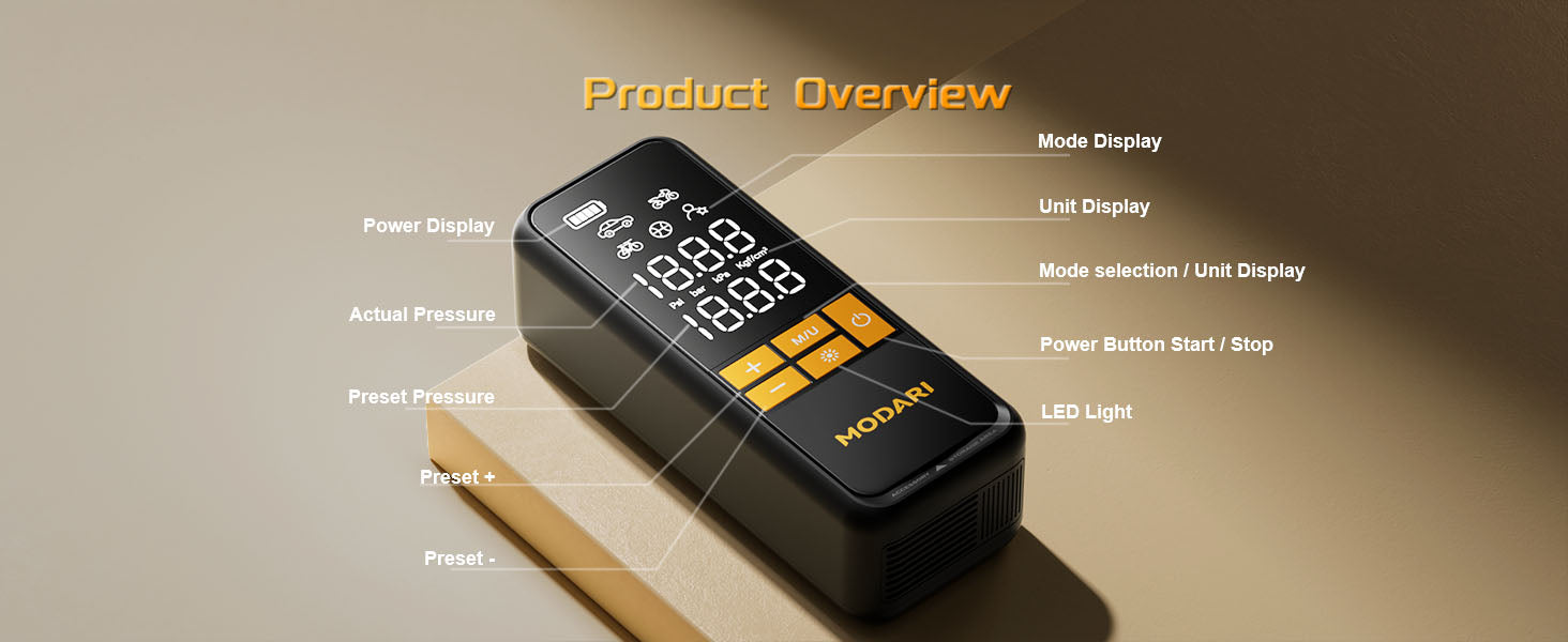 MODARI Tire Inflator Product Overview - Features Include Mode Display, Unit Display, Mode Selection/Unit Display, Power Button Start/Stop, LED Light, Power Display, Actual Pressure, Preset Pressure, Preset +, and Preset -. Ideal for Precise and Efficient Tire Inflation.
