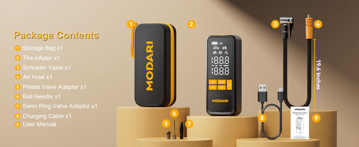 MODARI Tire Inflator Package Contents - Includes Storage Bag, Tire Inflator, Schrader Valve Adapter, Air Hose, Presta Valve Adapter, Ball Needle, Swim Ring Valve Adapter, Charging Cable, and User Manual. Comprehensive Kit for Versatile and Reliable Tire Inflation Needs.