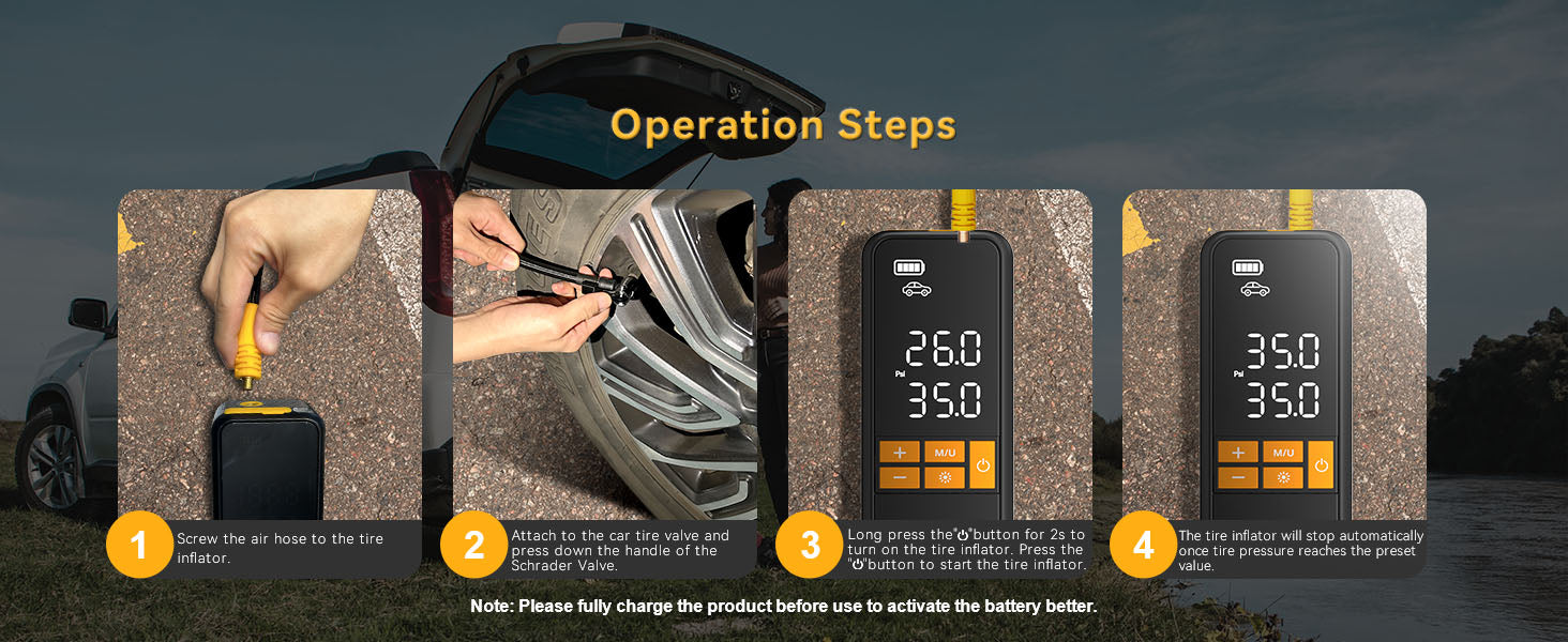 MODARI Portable Tire Inflator - Step-by-Step Operation Guide: Screw the air hose to the tire inflator, attach it to the car tire valve and press down the handle of the Schrader Valve, long press the 'O' button for 2 seconds to turn on the tire inflator, and press the '+' button to start inflation. The tire inflator will stop automatically once the tire pressure reaches the preset value.