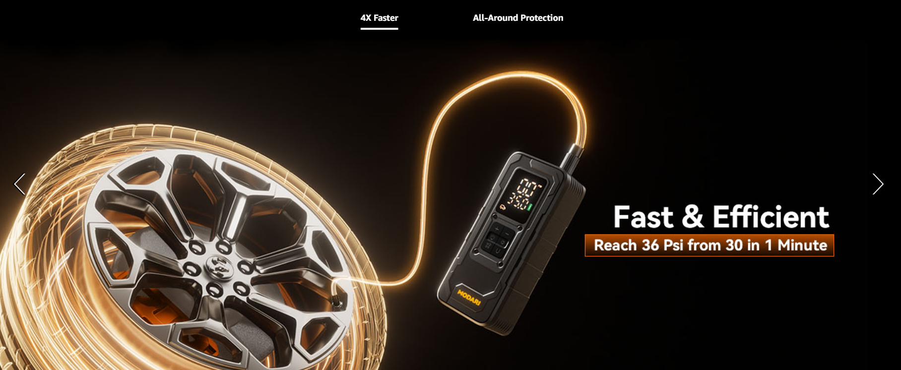 MODARI Tire Inflator Portable Air Compressor - Black wireless air pump inflating a car tire, 4X faster with 36 PSI in 1 minute, showcasing fast and efficient performance from MODARI.