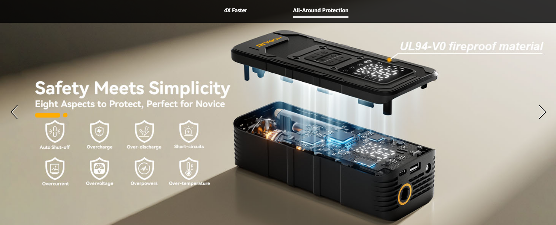 MODARI Tire Inflator Portable Air Compressor internal view - Cutaway showing UL94-V0 fireproof material and safety features like auto shut-off, perfect for novice users from MODARI.