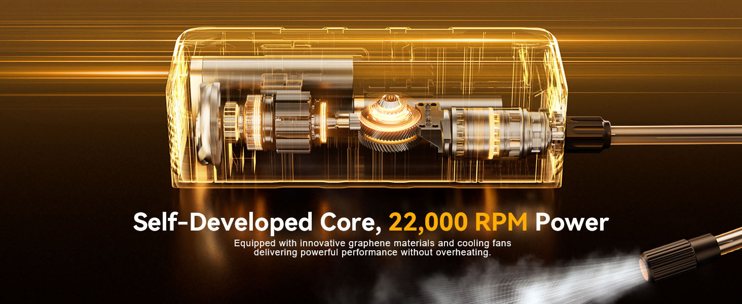 MODARI Tire Inflator Portable Air Compressor internal view - Cutaway displaying self-developed core, 22,000 RPM power, and graphene technology for powerful performance without overheating from MODARI.