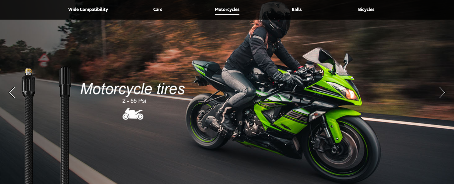 MODARI Tire Inflator Portable Air Compressor for motorcycle tires - Black wireless air pump hose with a green motorcycle, inflating 2-55 PSI, ideal for riders from MODARI.