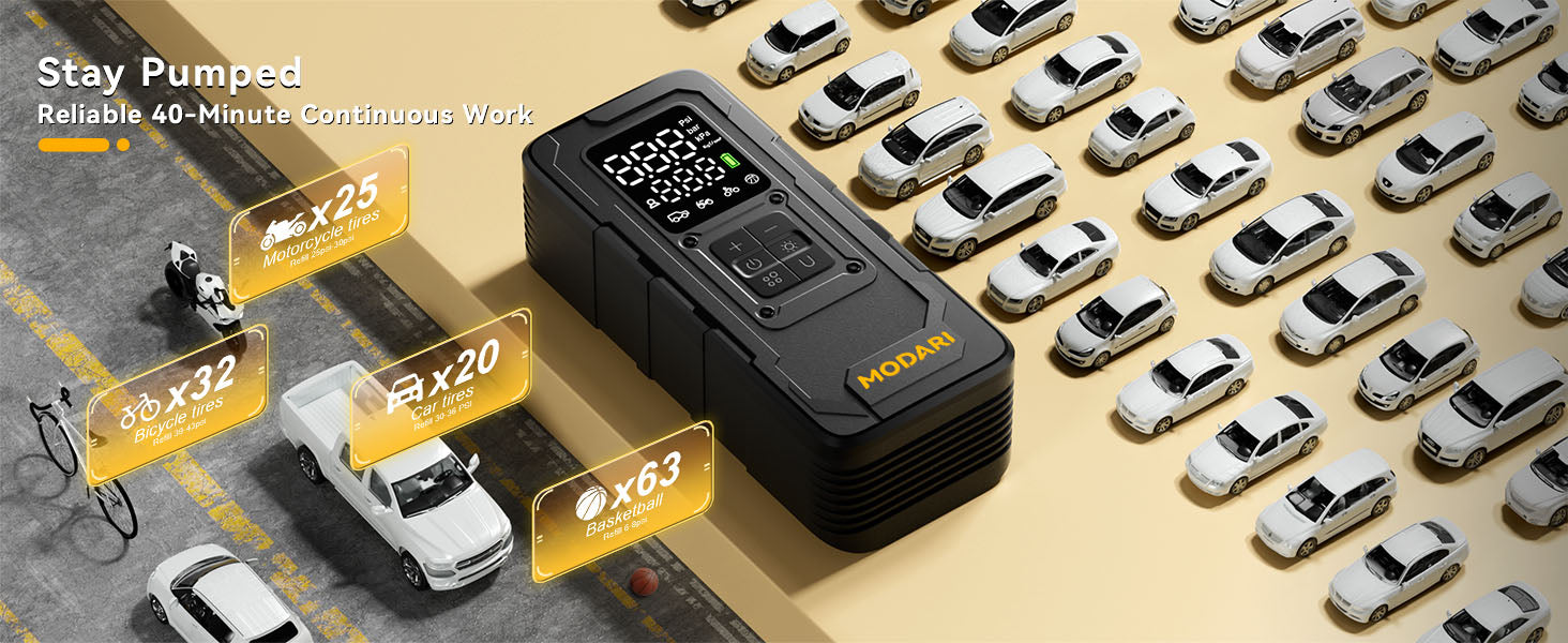 MODARI Tire Inflator Portable Air Compressor - Black wireless air pump with 40-minute continuous work, inflating cars, motorcycles, bikes, and balls, reliable performance from MODARI.