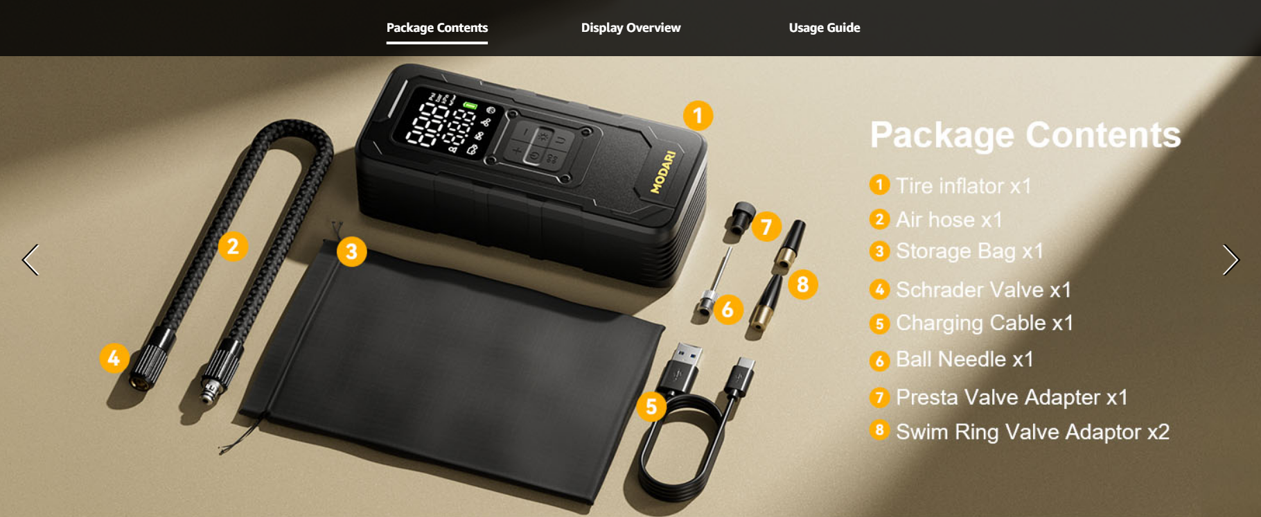 MODARI Tire Inflator Portable Air Compressor package - Black wireless air pump, air hose, storage bag, charging cable, and adapters, showing complete contents for versatile use from MODARI.