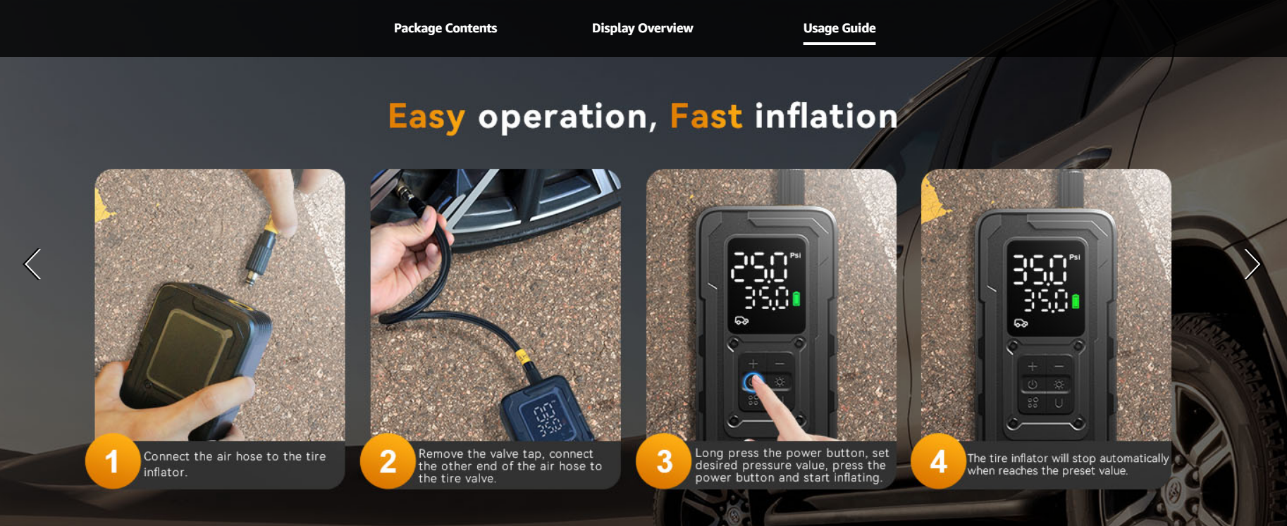 MODARI Tire Inflator Portable Air Compressor usage - Step-by-step guide for easy, fast inflation of car tires with wireless air pump, auto shut-off feature from MODARI.